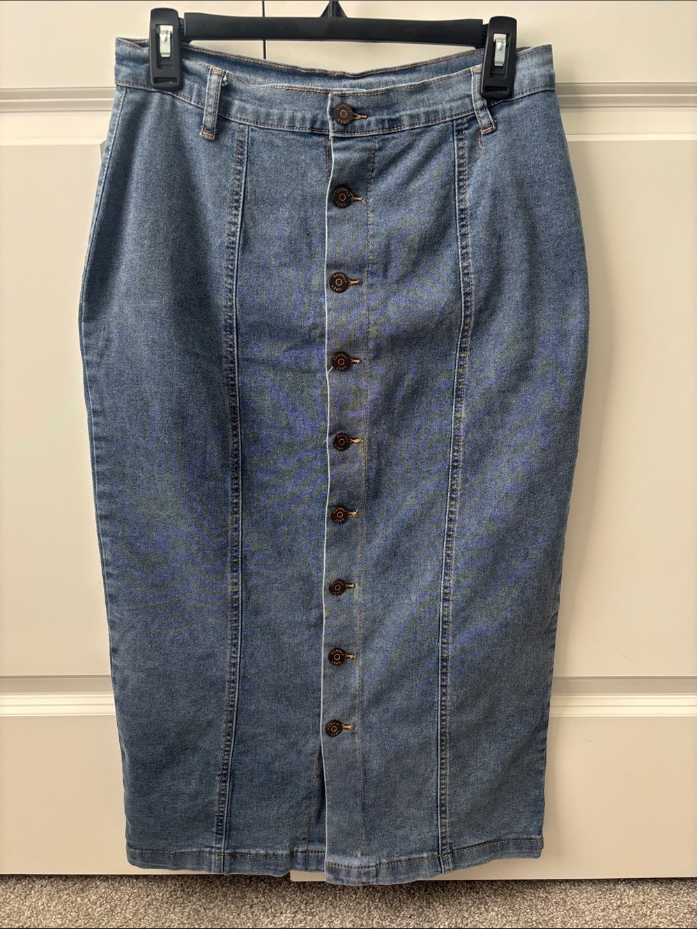 Classic Blue Denim Button-Front Midi Skirt